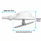 Medidas: cabezal de 22,5 cm de ancho y 15,5 cm de alto, niple de 13 cm