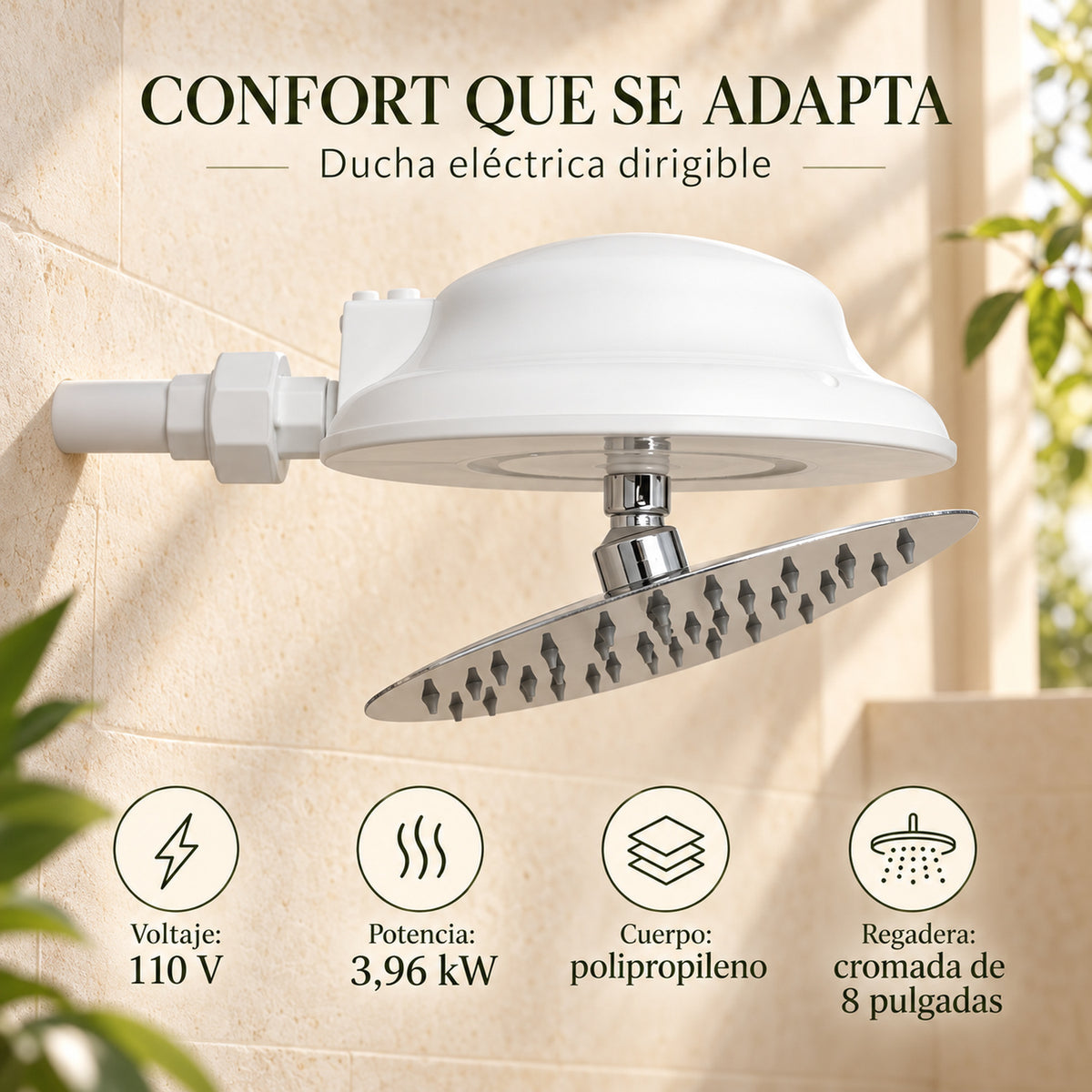 Características: 110 V, 3,96 kW, polipropileno y regadera de 8 pulgadas