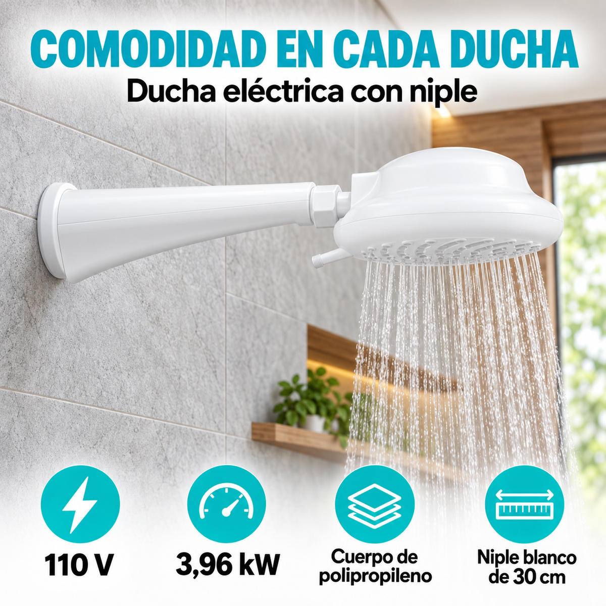Características de la ducha eléctrica blanca 110 V con niple de 30 cm