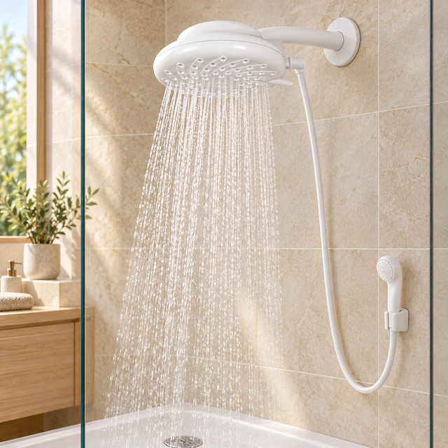 Ducha eléctrica blanca instalada en baño con manguera y mini ducha