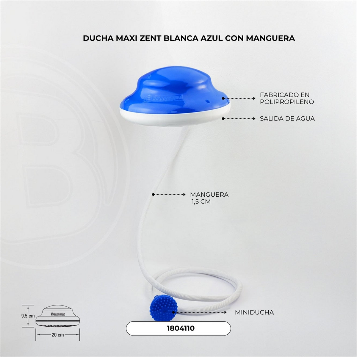 Ficha visual con dimensiones de la ducha eléctrica blanca y azul