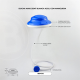 Ficha visual con dimensiones de la ducha eléctrica blanca y azul