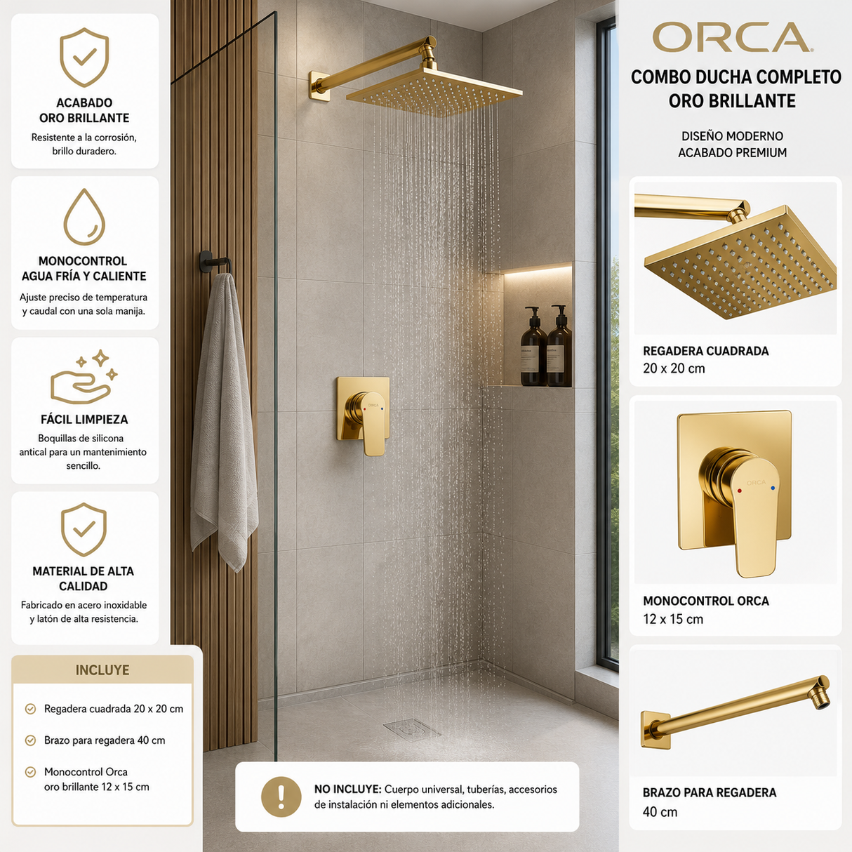 Conjunto de ducha Orca oro brillante instalado en baño moderno con regadera de 20 por 20 cm