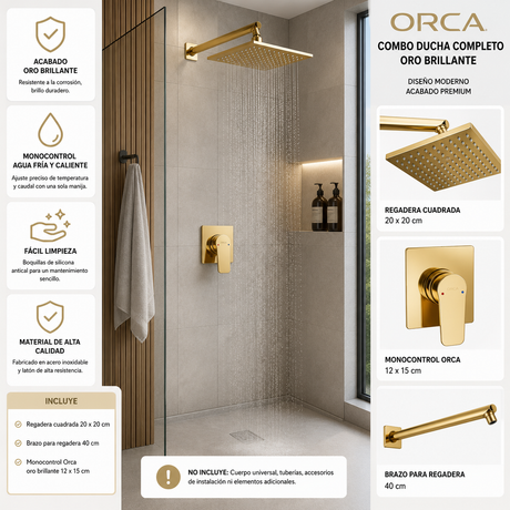 Conjunto de ducha Orca oro brillante instalado en baño moderno con regadera de 20 por 20 cm