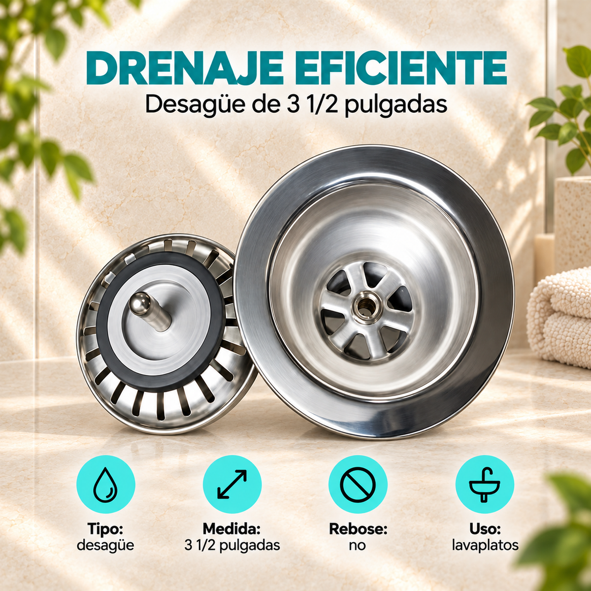 Características del desagüe de 3 1/2 pulgadas sin rebose