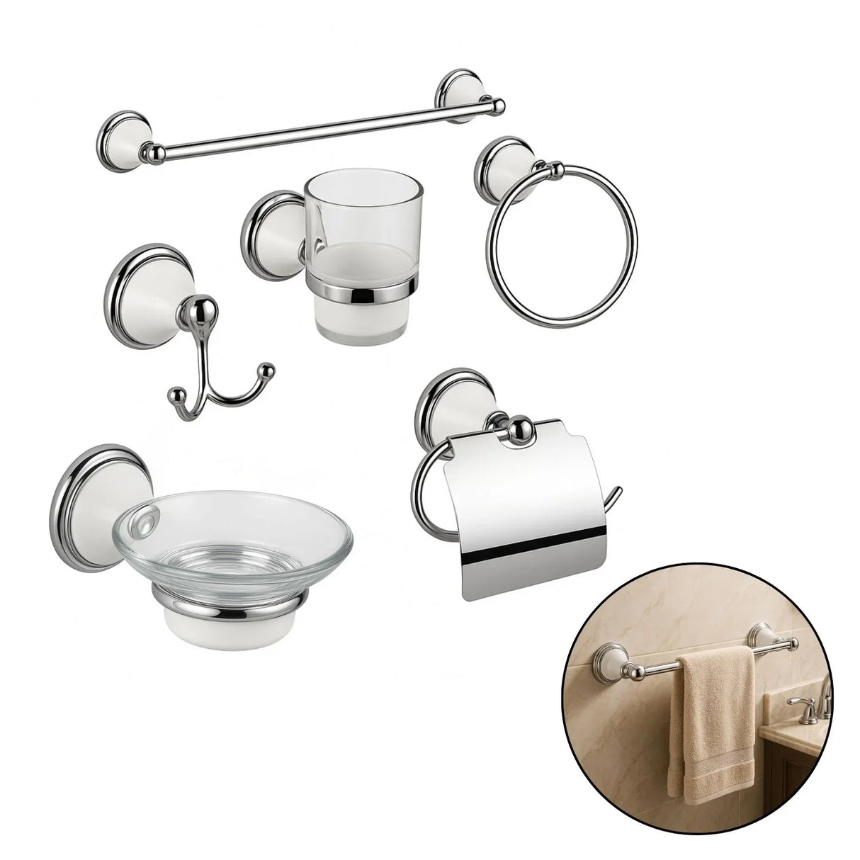 Juego Accesorios Baño 6 Piezas Porcelana Cromo