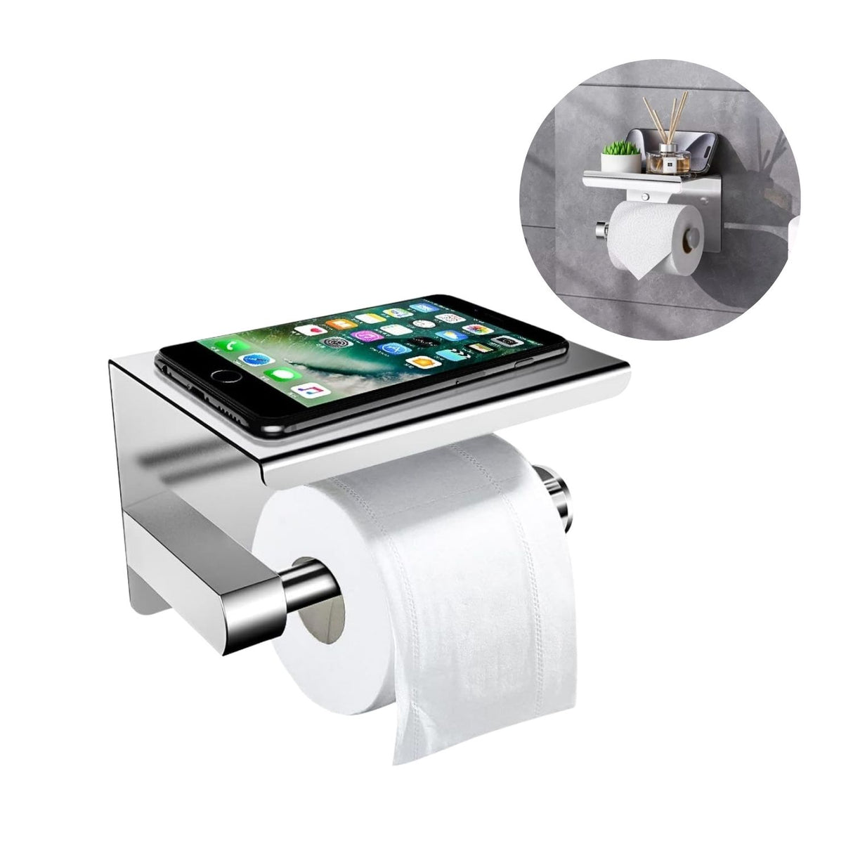 Porta Rollo con Soporte para Celular - Cromado en Acero Inoxidable SUS 304