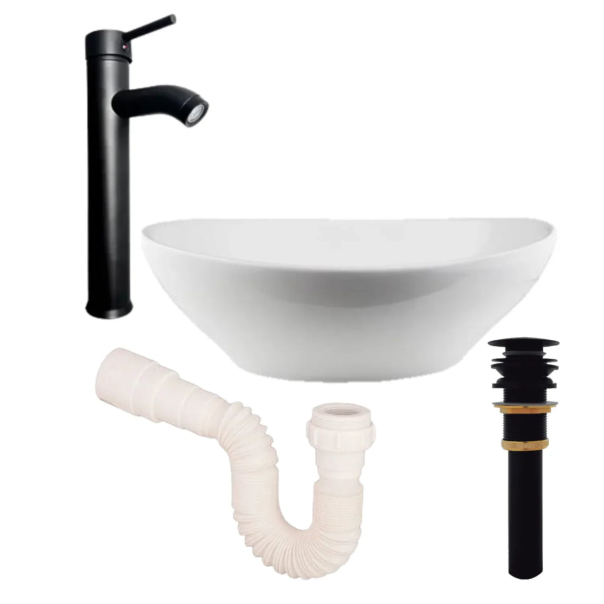 Lavamanos Ovalado Blanco+Grifería Negra Mate+Desague+Sifon Flexible