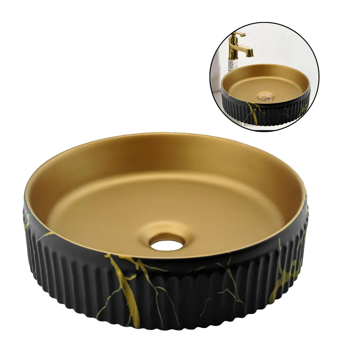 Lavamanos Redondo Dorado Negro Mármol Cerámica Lujo