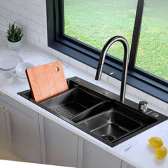 Lavaplatos Sobreponer SUS304 Negro Mate 75 x 46 x 20 cm con Grifería y Accesorios