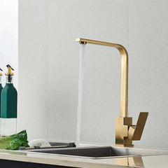 Grifería Monocontrol Lavaplatos Cuello L Cuadrado Oro Cepillado 35 cm Acero Inoxidable