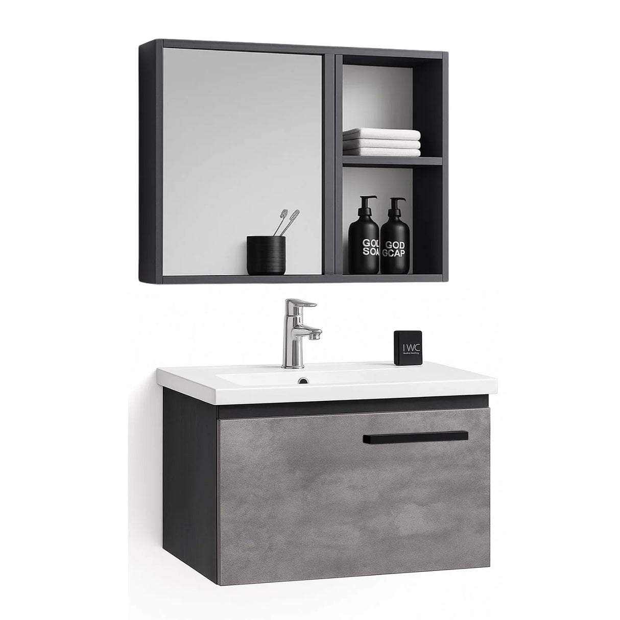 Set Mueble Lavamanos Pvc Flotante 50x36x40 Negro Gris Espejo