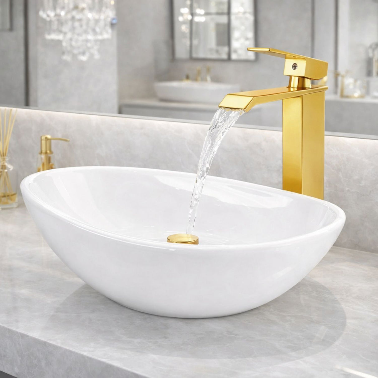 Kit Lavamanos Sobreponer Blanco Canoa 41 x 33 cm con Grifería Alta Milan Oro y Desagüe Push Oro
