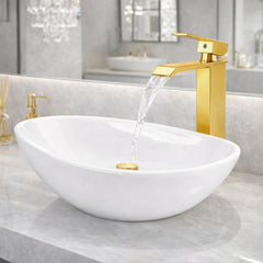 Kit Lavamanos Sobreponer Blanco Canoa 41 x 33 cm con Grifería Alta Milan Oro y Desagüe Push Oro