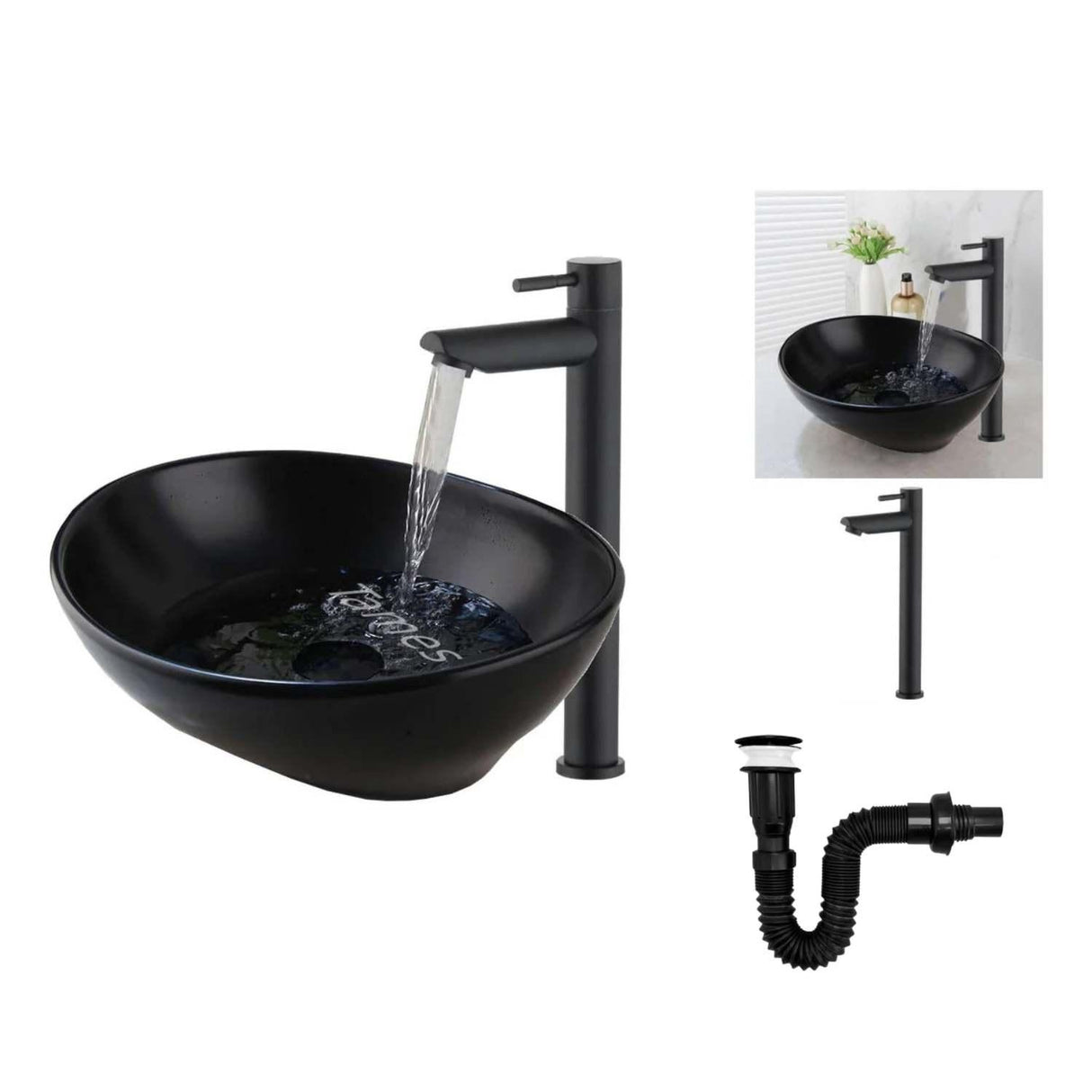 Kit Lavamanos Negro Canoa Sobreponer Grifería Desagüe