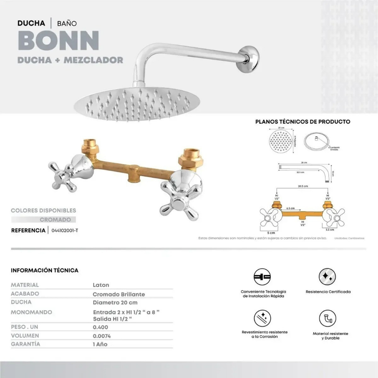 Ducha Mezcladora Bonn Cromada con Regadera 20 cm y Brazo 28 cm