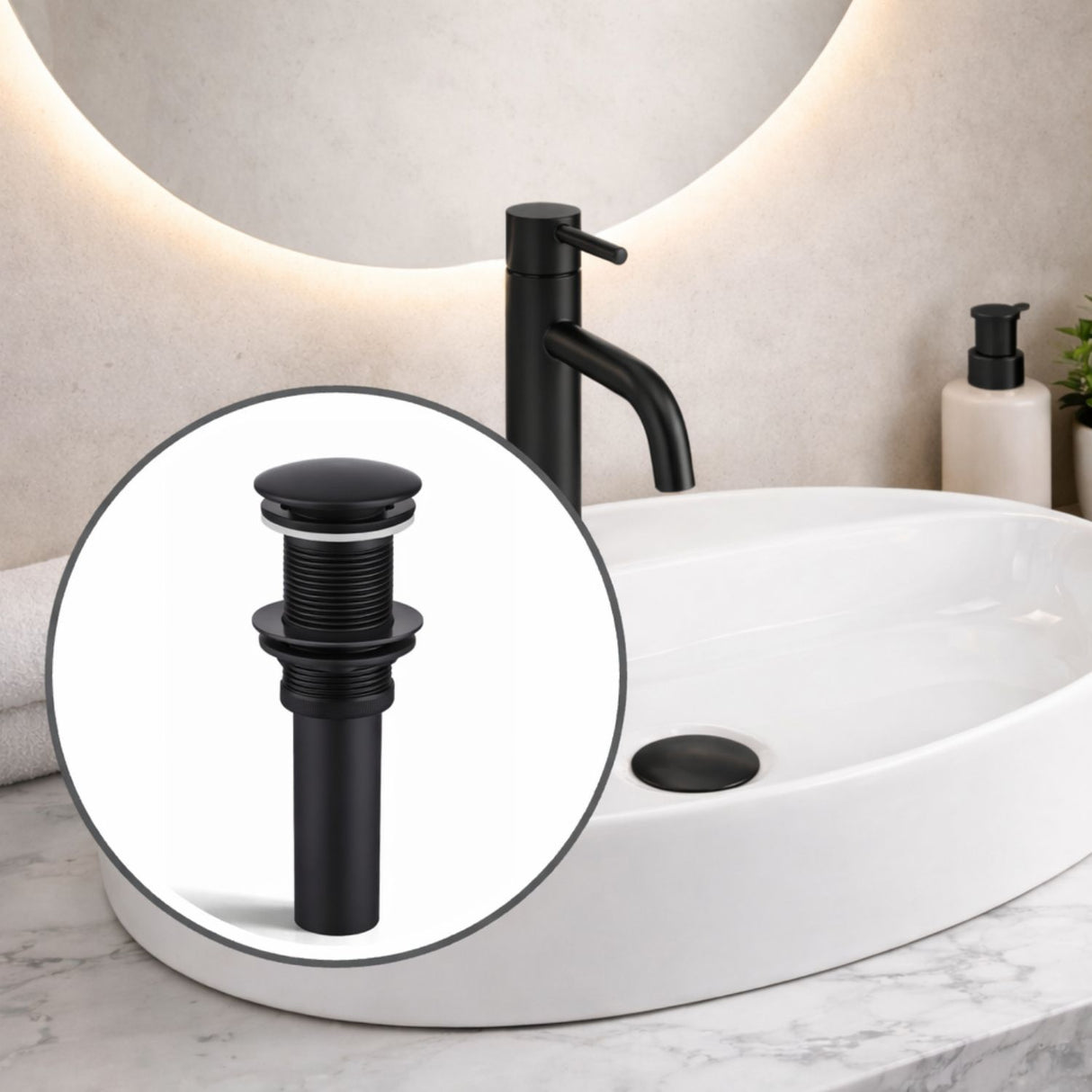 Desagüe Push para Lavamanos Negro Mate 7,8 cm de alto y 6,6 cm de ancho