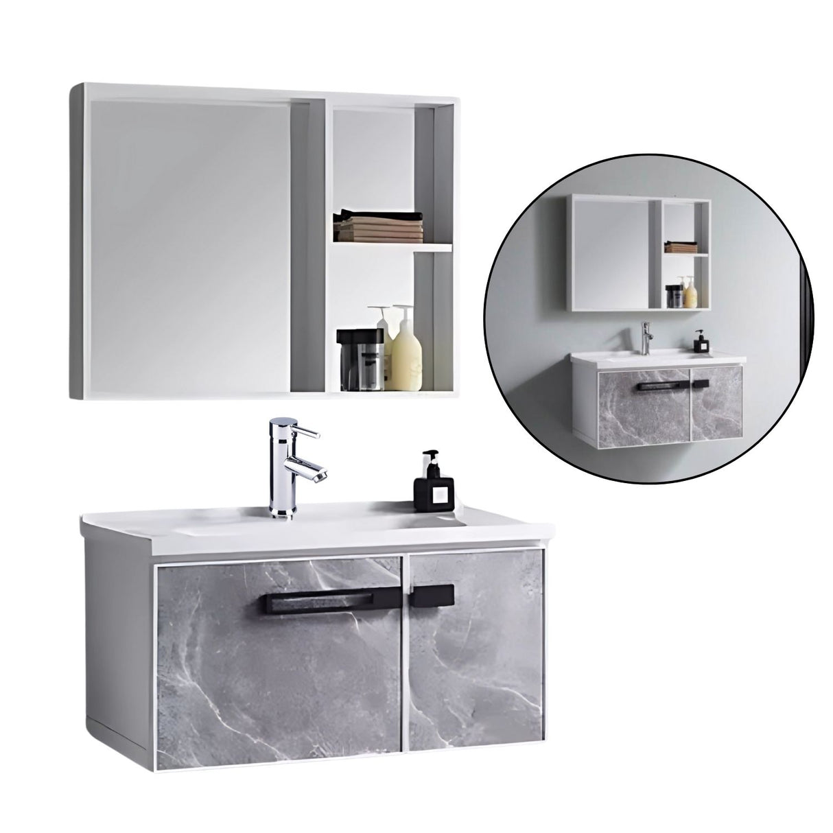 Set Lavamanos Espejo PVC Resistente Humedad - Mueble 2 Puertas Gris Mármol