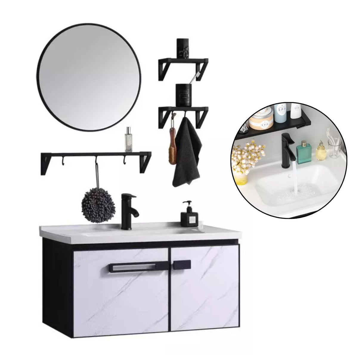 Set Lavamanos + Espejo PVC Negro/Blanco - Mueble 2 Puertas Moderno 70 cm