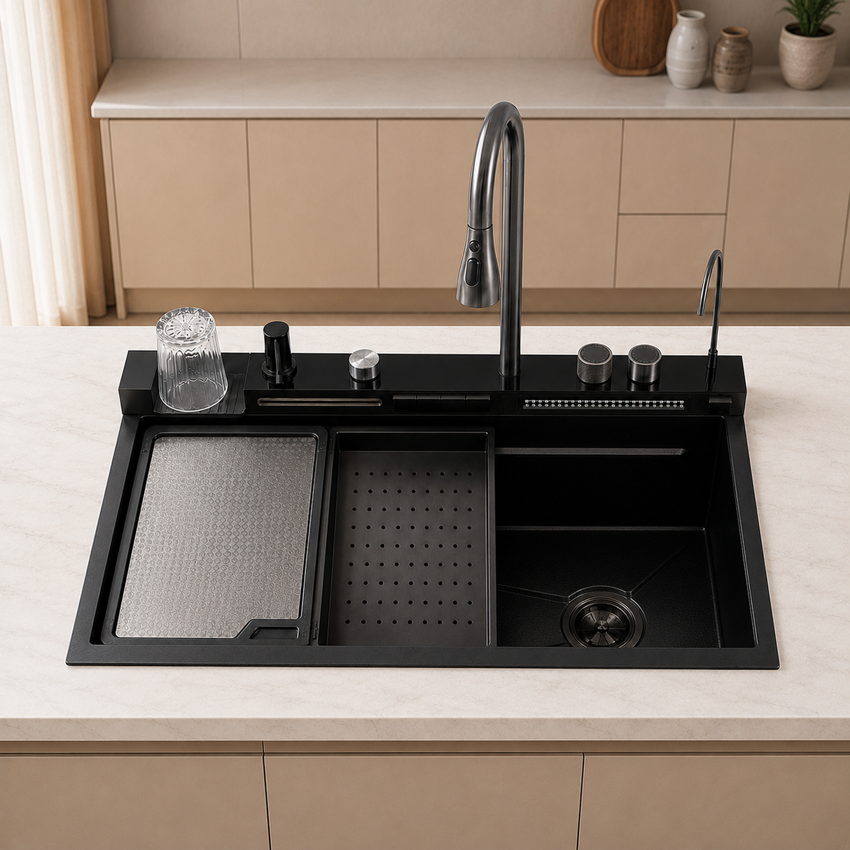 Lavaplatos inteligente Pamo negro 75 × 46 cm en acero inoxidable 304 con grifería multifunción y accesorios móviles