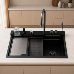 Lavaplatos inteligente Pamo negro 75 × 46 cm en acero inoxidable 304 con grifería multifunción y accesorios móviles
