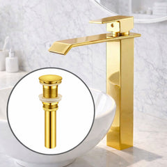Kit Grifería Lavamanos Alta Milan Oro 30 cm + Desagüe Push Oro 7.8 cm con Sosco | Set Completo Baño Premium