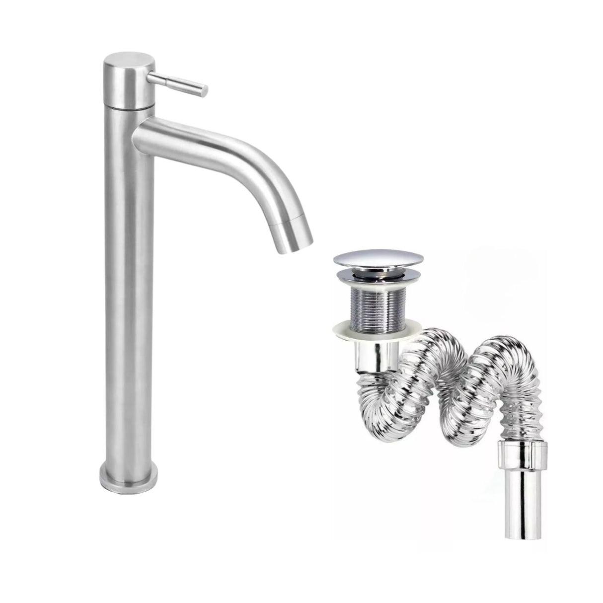 Kit Grifería Lavamanos Poste Alto Agua Fría + Sifón Desagüe Push Flexible Corrugado - Acero Inoxidable y Cromado