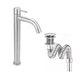 Kit Grifería Lavamanos Poste Alto Agua Fría + Sifón Desagüe Push Flexible Corrugado - Acero Inoxidable y Cromado