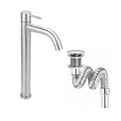 Kit Grifería Lavamanos Poste Alto Agua Fría + Sifón Desagüe Push Flexible Corrugado - Acero Inoxidable y Cromado