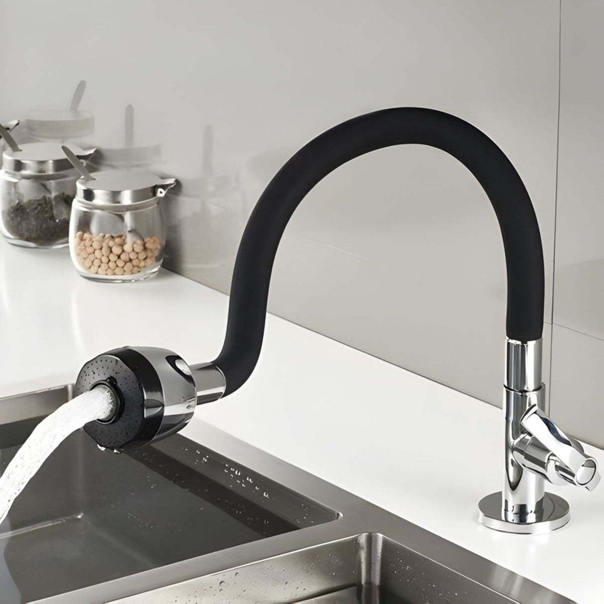 Grifería Flexible Negro Lavaplatos Cuello Silicona 360° Mesa