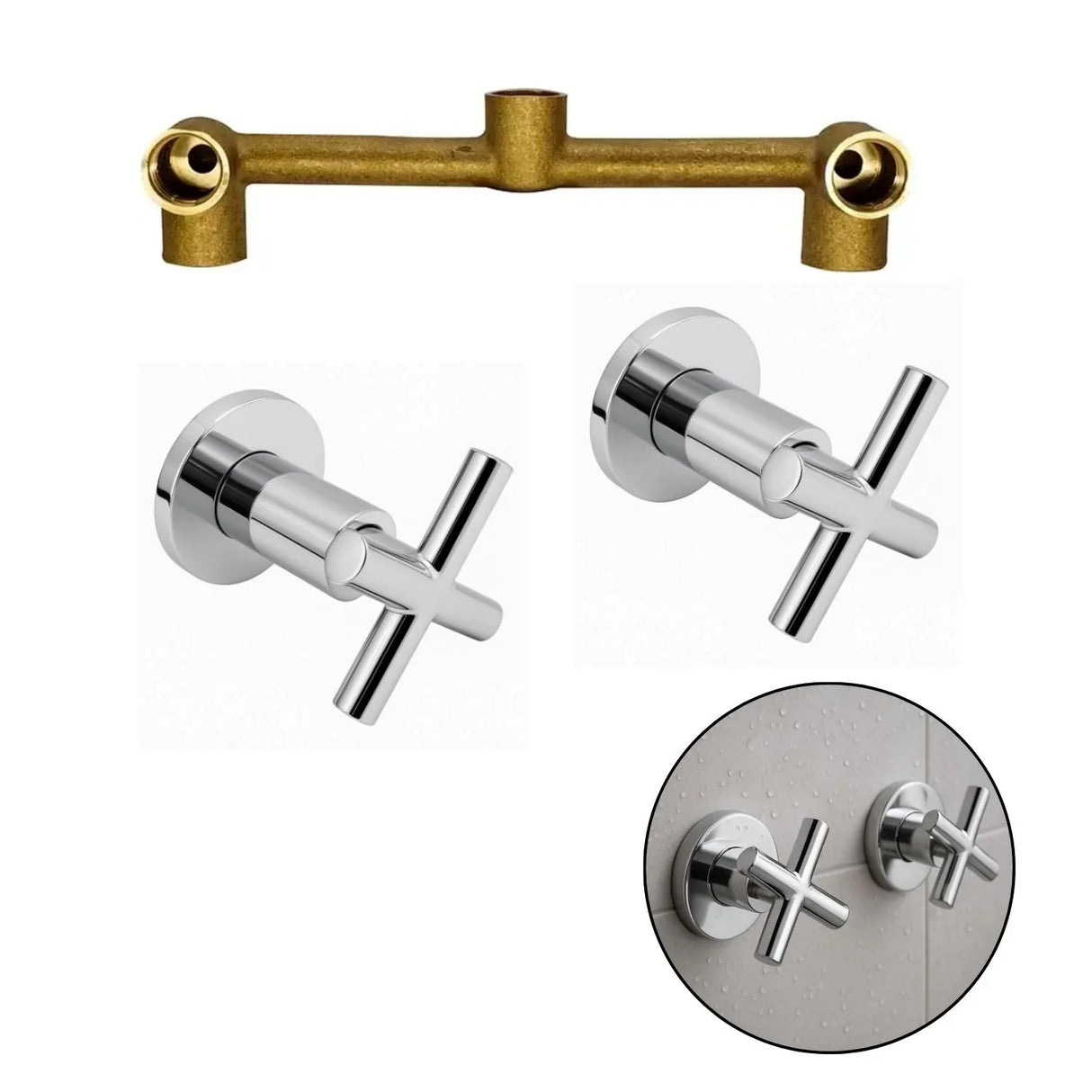 Set Griferia Ducha Alta Calidad Cuerpo Bronce Cruceta Cromo