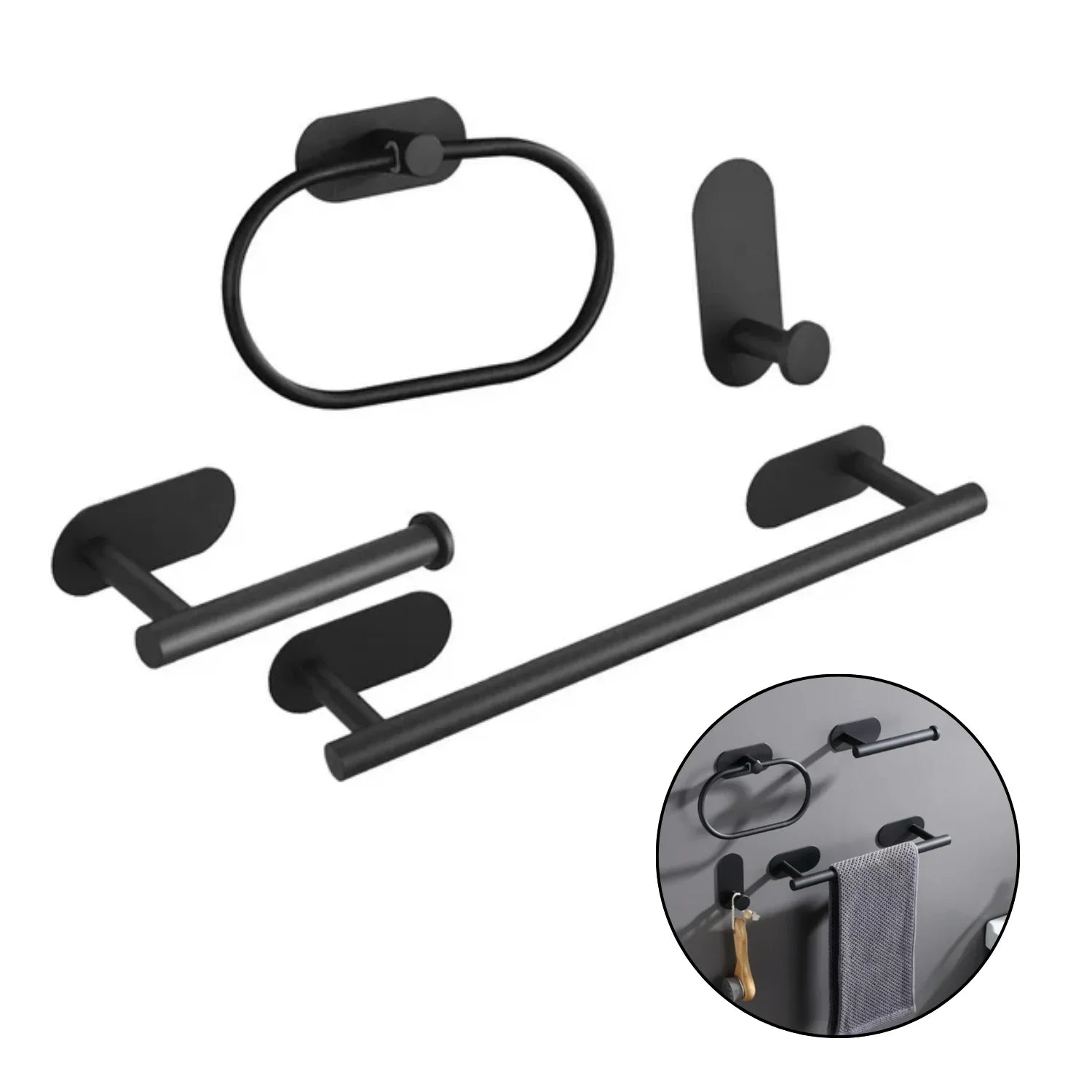Set Juego Accesorios Baño Acero Negra Cepillada 4 Piezas Adhesiva