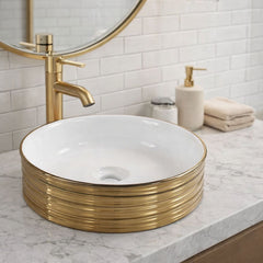 Lavamanos Barsu Sobreponer Blanco Dorado 39 x 39 x 13 cm