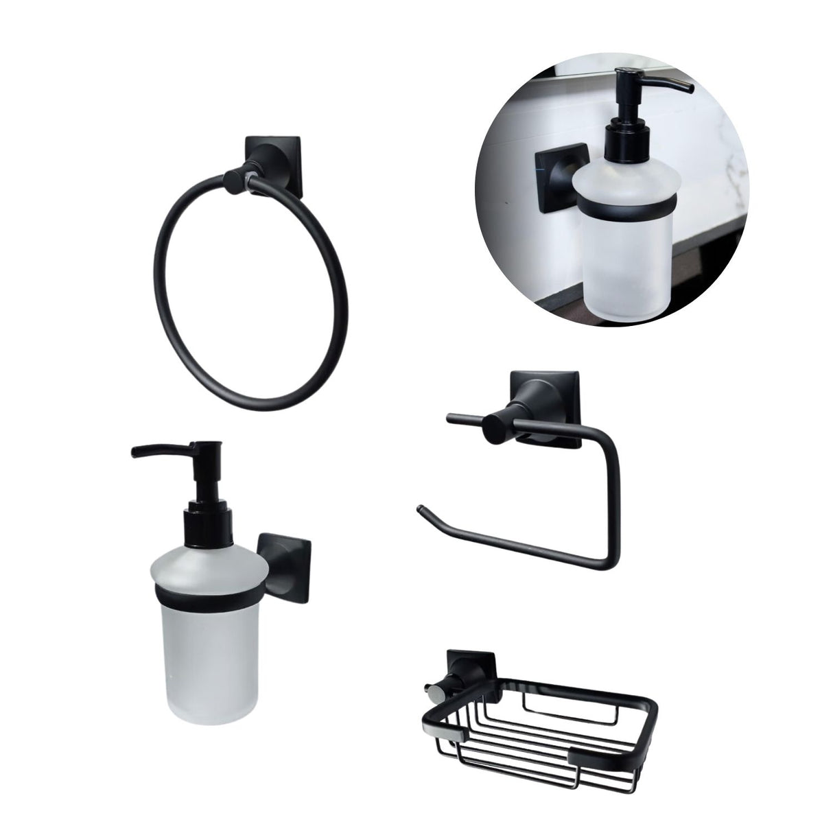 Set De Accesorios Baño Negro Metálico Línea Quadrato Negro Mate  4 Piezas– Alta Calidad