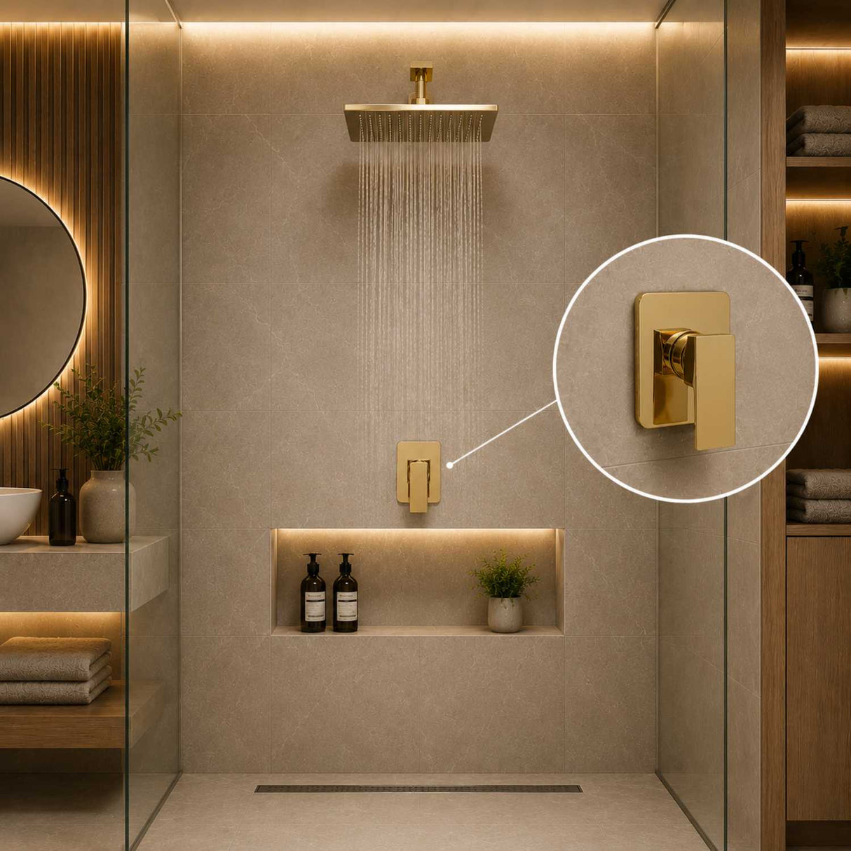 Monocontrol Ducha Cuadrado Oro 12 cm Empotrado para Baño
