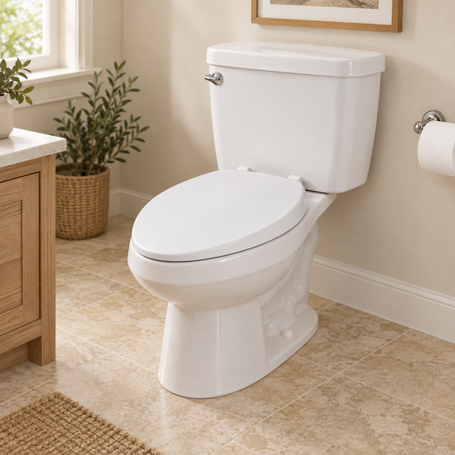 Asiento sanitario alongado Alongado en una escena de baño. Instalación ilustrativa; los demás elementos no están incluidos.