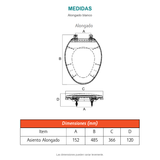 Croquis del asiento sanitario alongado blanco. A: 152 mm; B: 485 mm; C: 366 mm; D: 120 mm.