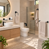 Juego de accesorios para baño negro de 6 piezas ambientado con separación realista