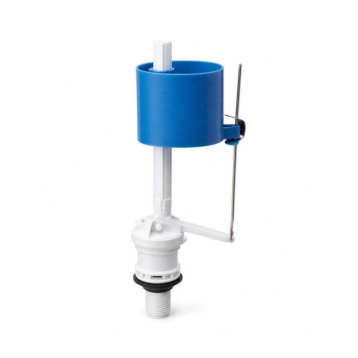 Válvula de carga vertical para sanitario con flotador azul sobre fondo blanco