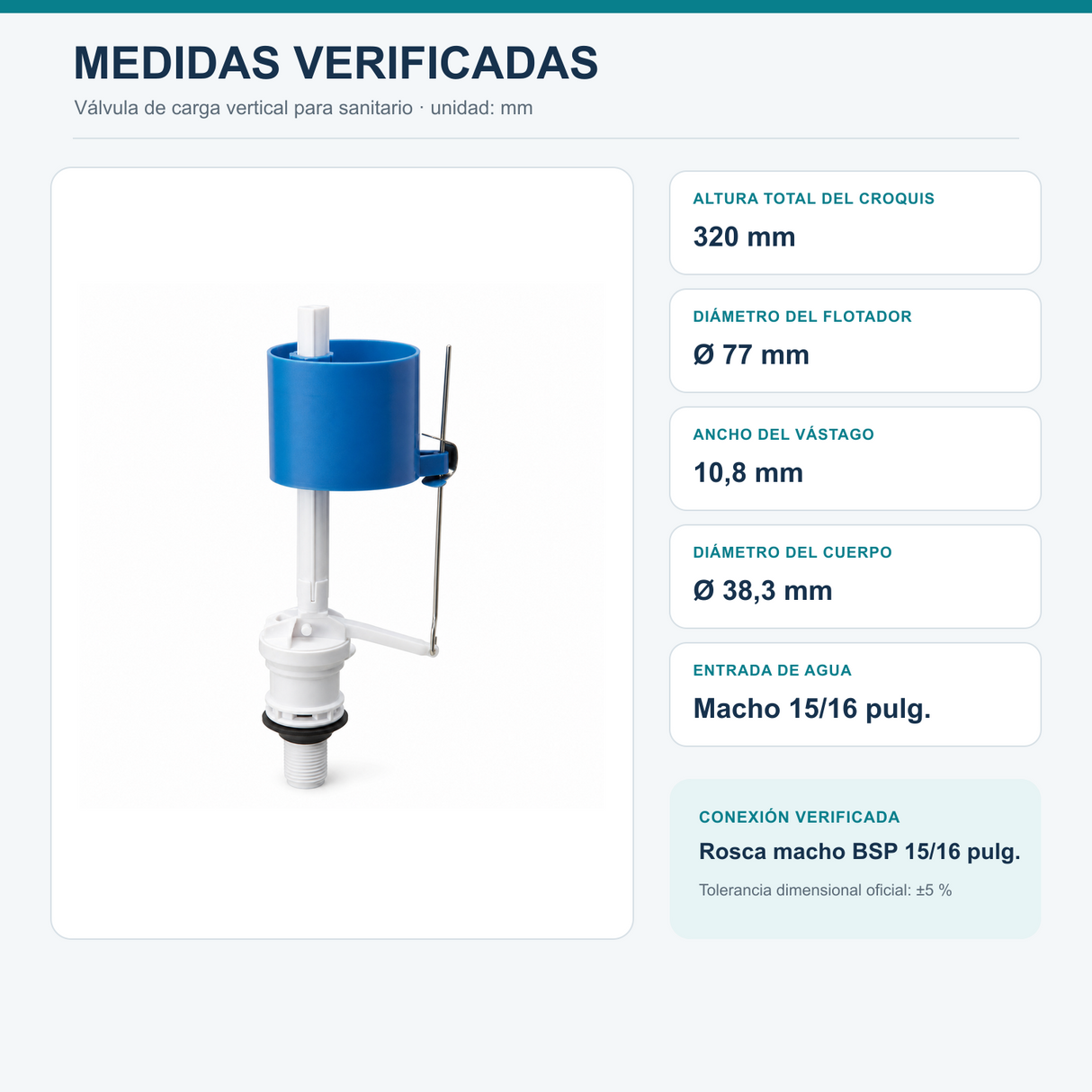 Croquis de la válvula de carga con altura de 320 mm y entrada macho BSP de 15/16 de pulgada