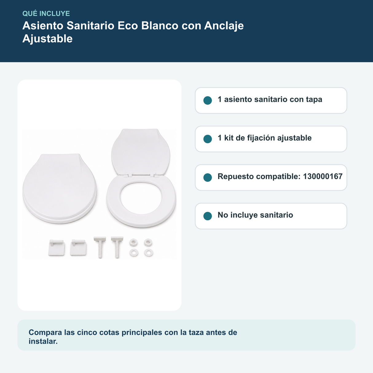Asiento Sanitario Eco Blanco con Anclaje Ajustable: contenido y características