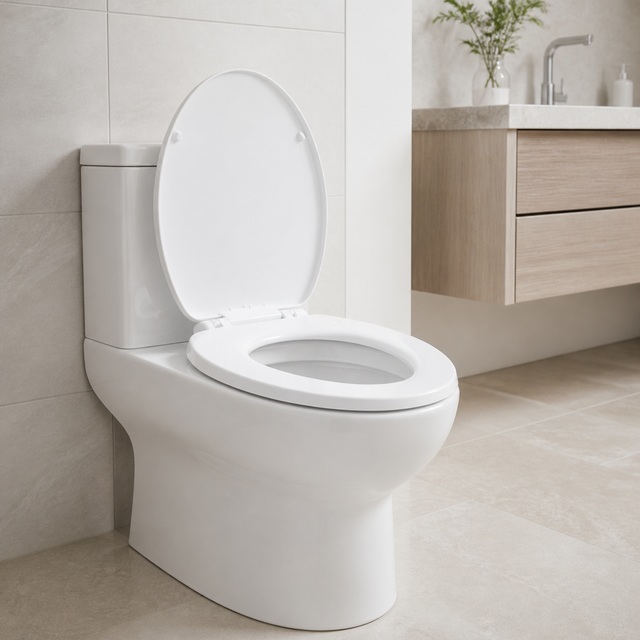 Asiento Sanitario Blanco con Cierre Suave Colomba Soft instalado en un ambiente moderno y bien iluminado