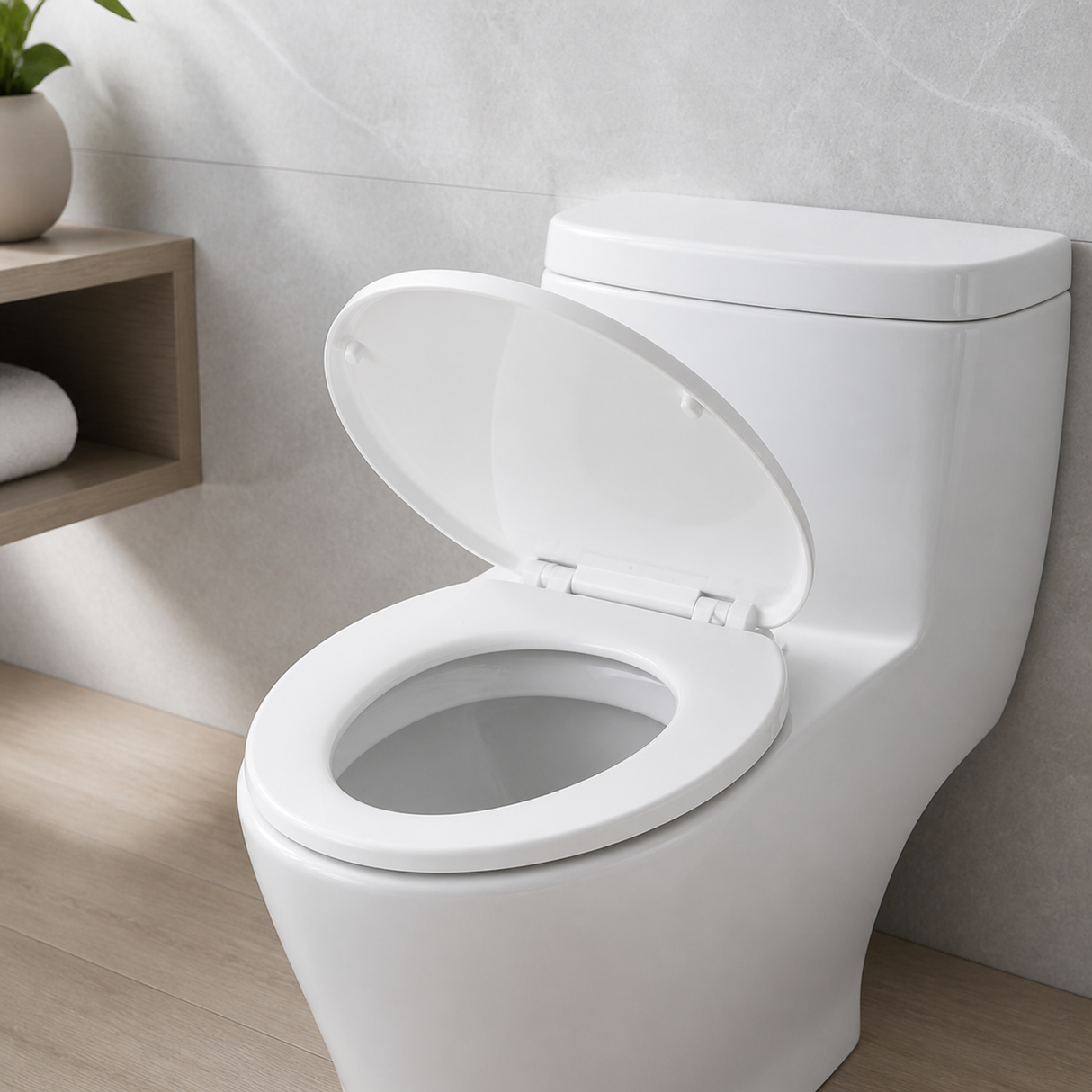 Segunda perspectiva del asiento sanitario blanco con cierre suave colomba soft en su espacio de uso