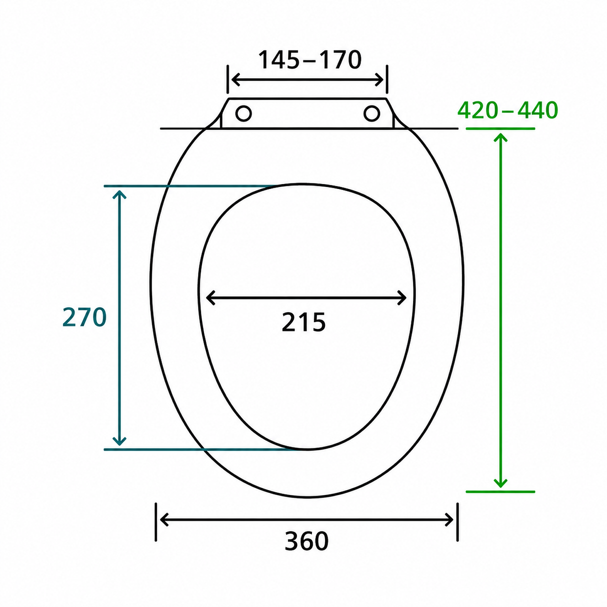 Diagrama de medidas del asiento sanitario blanco con cierre suave Colomba Soft