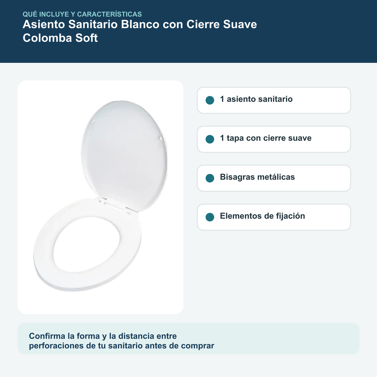 Contenido y características del asiento sanitario blanco con cierre suave colomba soft