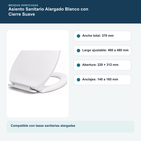 Asiento Sanitario Modern Alargado Blanco con Cierre Suave 48 cm