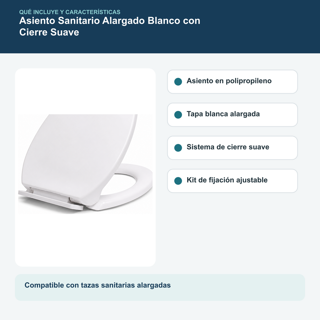 Contenido y características del asiento sanitario alargado blanco con cierre suave