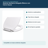Contenido y características del asiento sanitario alargado blanco con cierre suave