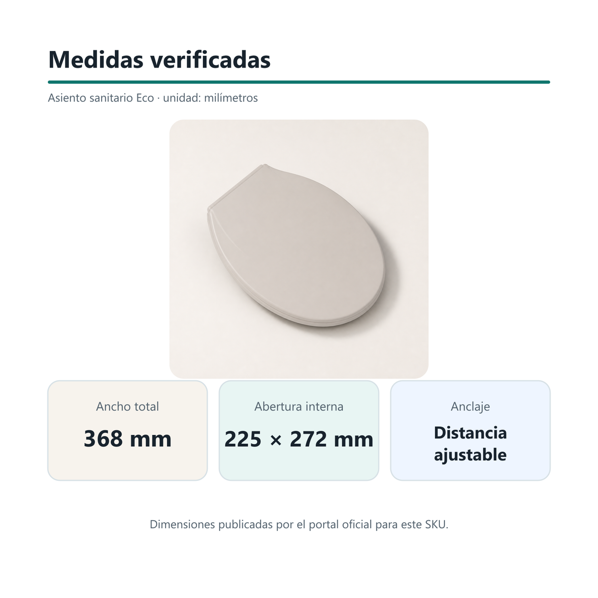 Medidas verificadas del asiento sanitario Eco: ancho, abertura interior y anclaje ajustable