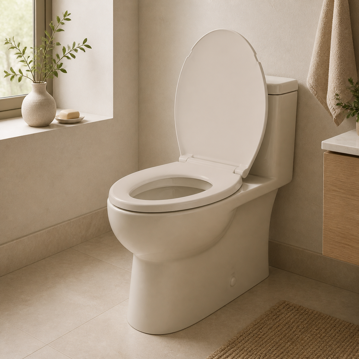 Asiento Sanitario Alargado Beige Hueso instalado en un ambiente moderno y bien iluminado